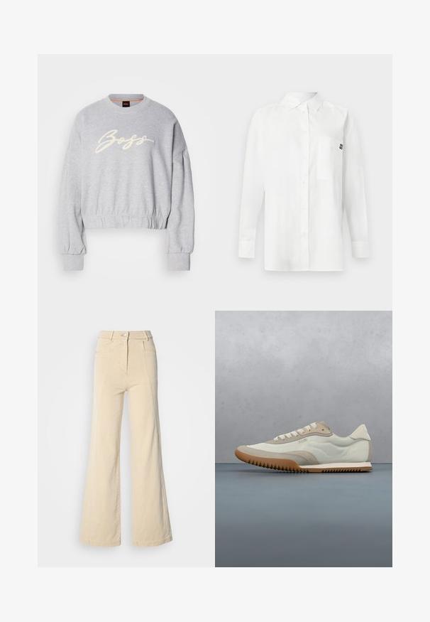 Sweatshirt court gris en tissu doux, présentant un logo "Boss" brodé en blanc sur le devant et des poignets élastiques aux manches et à l'ourlet.; Chemise blanche à manches longues en tissu mélangé coton, dotée d'un col à boutons, d'une poche avant et d'un petit logo noir sur la poitrine.; Jeans beige à jambes larges avec taille haute, poches avant, et couture contrastée, dotés d'une fermeture à bouton et d'une texture en coton lisse.; Sneakers blancs et beiges avec une tige lisse et des accents en daim, une semelle texturée et des coutures ton sur ton. Fermeture à lacets avec détail de logo.