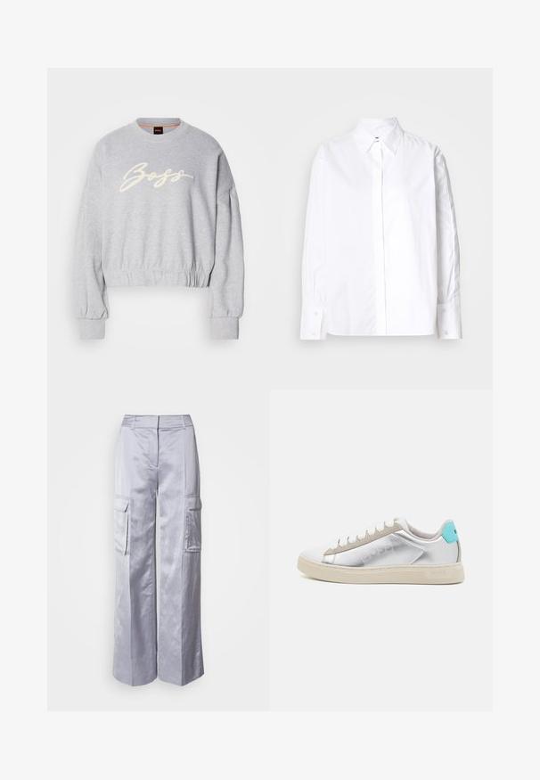 Grå cropped sweatshirt lavet af blødt stof, med et hvidt broderet "Boss" logo på fronten og elastiske manchetter ved ærmerne og kanten.; Hvid skjorte med klassisk krave, lange ærmer og manchetter. Fremstillet af glat stof, den har en midt foran placket.; Lysegrå bred-leg cargo bukser lavet af glat stof, med sidelommer, skræddersyet talje og uden synlige hængsler eller lynlåse.; BOSS RHYS TENN PUMT - Sneakers - silver