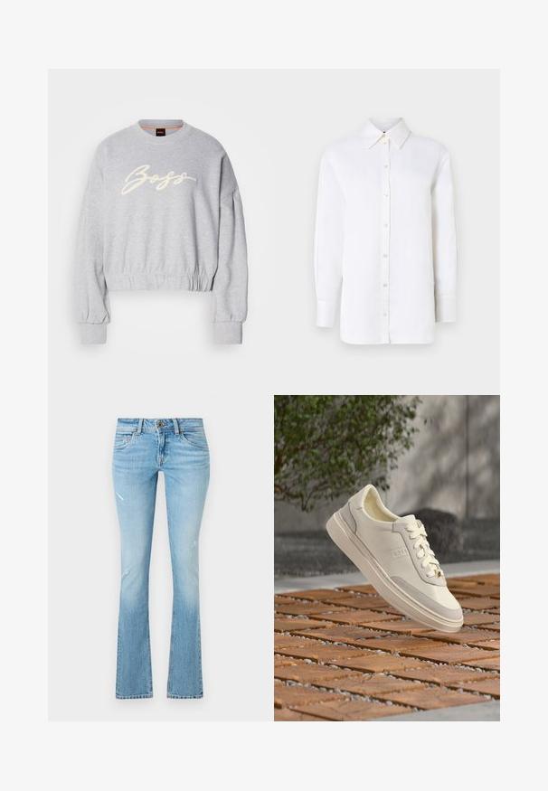 Grijze cropped sweatshirt van zacht materiaal, met een witte geborduurde 'Boss' logo aan de voorkant en elastische boorden aan de mouwen en onderkant.; Witte linnen overhemd met een puntkraag, lange mouwen en knoopsluitingen. Heeft een ontspannen pasvorm en een gladde textuur.; Lichtblauwe spijkerbroek met uitlopende pijpen, lichte vervaging, verknipte kniedetails, vijf zakken en een knoopsluiting bij de taille.; Witte BOSS sneaker met veters die zweeft boven een houten en kiezelachtige ondergrond met patroon, groene struik en grijze muur op de achtergrond.