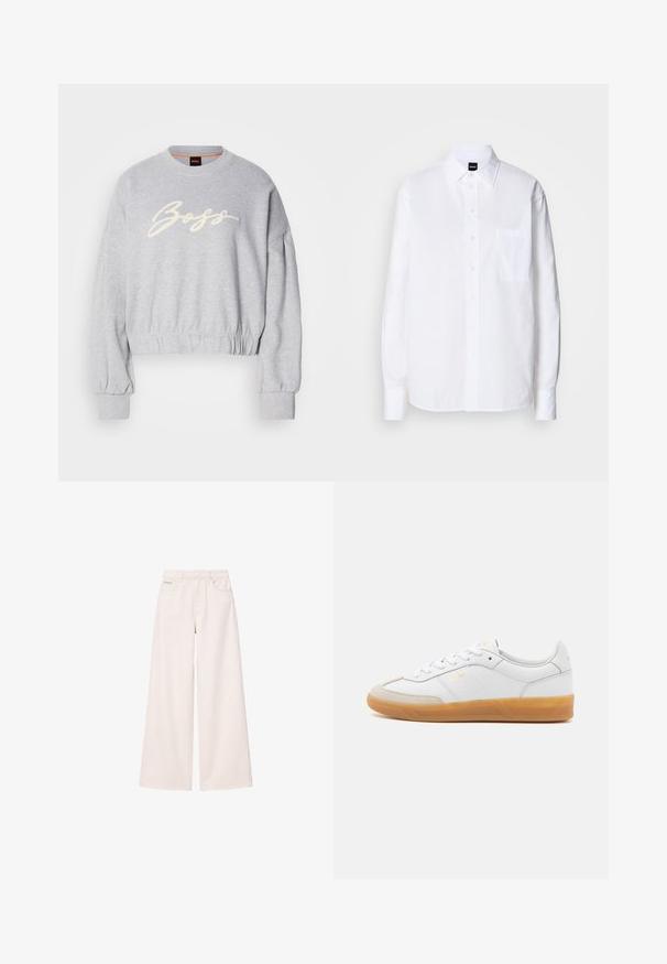 Grå cropped sweatshirt lavet af blødt stof, med et hvidt broderet "Boss" logo på fronten og elastiske manchetter ved ærmerne og kanten.; Hvid skjorte med knapper lavet af bomuld, med klassisk krave, lange ærmer, en brystlomme og en glat, sprød tekstur.; Bukser med vidde ben og høj talje i cremefarvet, med bæltestropper, forlommer og et Calvin Klein-logo på højre lomme.; Hvide lædersneakers med beige ruskindsdetaljer, gummisål og snøredesign. Har diskret branding i guld.