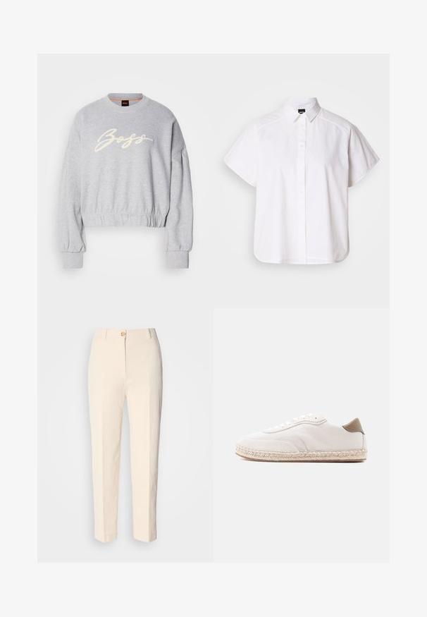 Grijze cropped sweatshirt van zacht materiaal, met een witte geborduurde 'Boss' logo aan de voorkant en elastische boorden aan de mouwen en onderkant.; Witte kortemouw overhemd met knopen, voorzien van een puntige kraag en een gebogen zoom. Gemaakt van katoen met een gladde textuur en zonder zichtbare patronen.; Crèmekleurige, hooggerocalde broeken van een gestructureerde stof. Voorzien van een sluiting met knoop aan de voorkant en taps toelopende pijpen.; Witte sneaker met een bovenwerk van suède, beige accenten en een gevlochten juten zool. Voorzien van platte veters en een gebrandmerkt zijlogo.