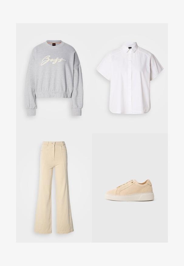 Grå cropped sweatshirt lavet af blødt stof, med et hvidt broderet "Boss" logo på fronten og elastiske manchetter ved ærmerne og kanten.; Hvid kortærmet skjorte med knaplukning, spidse kraver og buet nederste kant. Lavet af bomuld med en glat struktur og uden synlige mønstre.; Beige vidde jeans med høj talje, forlommer og kontrasterende syninger, udstyret med en knaplukning og en glat bomuldsstruktur.; Beige ruskindssneaker med rundet tå, ton-i-ton syninger og en tyk hvid gummisål. Har flade snørebånd og et minimalistisk design.