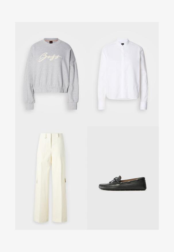 Sweatshirt court gris en tissu doux, présentant un logo "Boss" brodé en blanc sur le devant et des poignets élastiques aux manches et à l'ourlet.; Chemise blanche à col avec patte de boutonnage à l'avant, manches longues et poignets à boutons. Fabriquée en coton lisse avec une coupe structurée.; Pantalons cargo à jambes larges en tissu crème clair, dotés de poches à rabat, d'une taille haute et de fentes latérales pour un détail et une fonctionnalité supplémentaires.; Bateau en cuir noir avec un bout arrondi, des détails de couture, un petit accent en nœud et une semelle en caoutchouc. Texture lisse et design épuré.