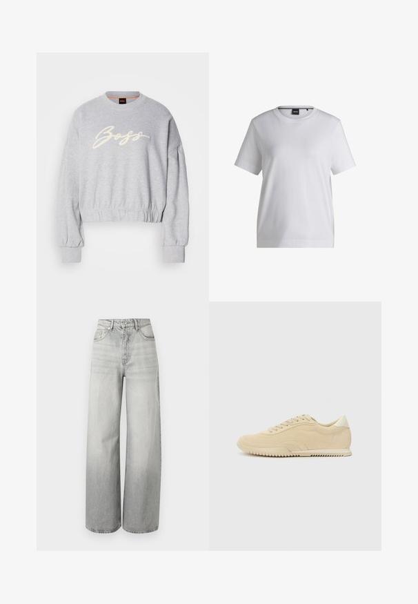 Hall grey lõikega pehme riidega särk, mille esiosas on valge broderie "Boss" logo ja elastsed mansetid varrukatel ning allservas.; Valge puuvillane T-särk ümmarguse kaelusega, lühikeste varrukatega ja vabalt langeva lõikega. Omab väikest brändi sildikest krae lähedal.; Kõrge vöökohaga laia säärega teksad helehallis denimis, ees ja taga taskud, vööaasad ning nööpkinnitusega.; Beige nubukist sneakers, millede sidemehhanismiga, tekstuuriga ülemise osaga, kontrastse kummist tallaga ja kerge kontsaga. Minimalistlik stiil koos diskreetse brändimisega.