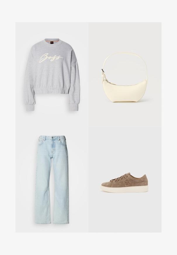 Grijze cropped sweatshirt van zacht materiaal, met een witte geborduurde 'Boss' logo aan de voorkant en elastische boorden aan de mouwen en onderkant.; Lichtblauwe jeans met wijd uitlopende pijpen, gemaakt van denim. Voorzien van een klassiek ontwerp met vijf zakken, broekriemlussen en een knoopsluiting. Licht verweerde uitstraling.; Bruine suède lage sneaker met vetersluiting aan de voorkant, geperst logo aan de zijkant en dikke witte rubberen zool, weergegeven vanaf de linkerkant.; Kleine, maansikkelvormige handtas van roomkleurig leer met een enkele riem en een ritssluiting aan de bovenkant, afgebeeld op een effen achtergrond.