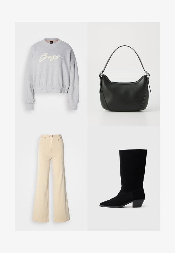 Grijze cropped sweatshirt van zacht materiaal, met een witte geborduurde 'Boss' logo aan de voorkant en elastische boorden aan de mouwen en onderkant.; Beige wijde jeans met hoge taille, voorzakken en contrasterende stiksels, met een knoopsluiting en een zachte katoenen textuur.; Zwarte suede enkellaars met een spitse neus, een schacht van gemiddelde hoogte en een chunky hak. Heeft minimaal stikwerk en een gladde textuur.; Zwarte leren handtas met een gebogen vorm, zilveren rits en een korte handgreep. Bevat een subtiel logo aan de voorkant en een gladde textuur.