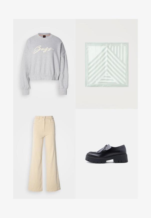 Hall grey lõikega pehme riidega särk, mille esiosas on valge broderie "Boss" logo ja elastsed mansetid varrukatel ning allservas.; Beezhi laia säärega teksad kõrge vöökoht, esipocketid ja kontrastne õmblus, millel on nuppe sulgemine ja sile puuvillane tekstuur.; Mustad pakse kontsaga platvormiga loafer-poolsaapad paksu soonilise tallaga ja dekoratiivse sildiga paelal, kujutatud külgprofiilis valgel taustal.; Ruutu kuju hele rohelise sall valgete geomeetriliste triipudega, mis moodustavad kolmnurga ja vertikaalsed jooned ühes nurgas.