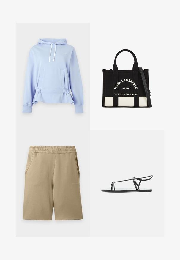 Lyseblå hættetrøje med hvide snore, lange ærmer, forlommer, elastisk indsnævret talje og diskret brystbroderi.; Beige atletisk shorts lavet af blødt stof, med elastisk talje, to sidelommer og et lille logo nær kanten.; Sort flad sandal med tynde remme, en tå-løkke og en justerbar ankelspænde på en lys grå baggrund.; Sorte canvas håndtaske med to top håndtag og aftagelig rem. Features hvid logo print og kontrasterende bundpanel. Rektangulær form.