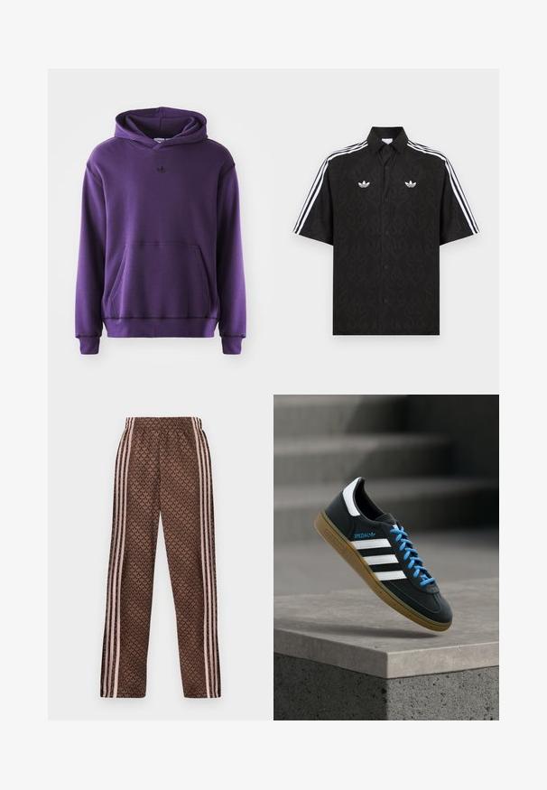 Lila Kapuzenpullover aus weichem Stoff, mit Kängurutasche, gerippten Bündchen und einem kleinen schwarzen Logo auf der Brust. Minimalistisches Design.; Schwarzes kurzärmeliges Hemd mit Knopfleiste, dezentem Flammenmuster, weißen Adidas-Trefoil-Logos auf der Brust und weißen drei Streifen an den Ärmeln.; Braune Jogginghose mit hellrosa vertikalen Streifen an den Seiten und einem sich wiederholenden Blattmuster überall, elastischer Bund, gerade Beinform.; Schwarzer Adidas-Sneaker mit weißen Streifen, blauen Schnürsenkeln und Gummisohle, der über einer grauen Betontreppe im weichen Licht schwebt.