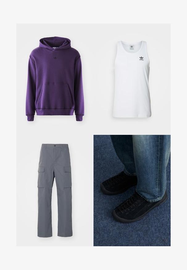 Sudadera púrpura hecha de un tejido suave, con un bolsillo canguro, puños acanalados y un pequeño logo negro en el pecho. Diseño minimalista.; Top sin mangas blanco con canalé y escote redondo, logo negro de Adidas en el lado izquierdo del pecho. Material de algodón suave, corte casual.; Pantalones cargo grises hechos de una tela duradera. Las características incluyen una cinturilla elástica, dos grandes bolsillos laterales y un corte recto.; Zapatillas de ante negro con superficie texturizada, cordones sutiles y suelas de goma duraderas, combinadas con jeans de denim azul.