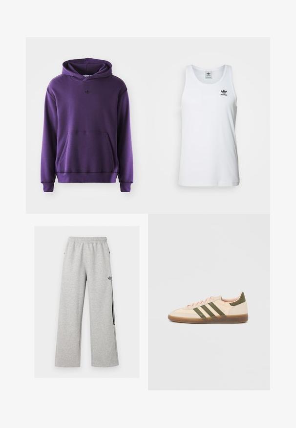 Sudadera púrpura hecha de un tejido suave, con un bolsillo canguro, puños acanalados y un pequeño logo negro en el pecho. Diseño minimalista.; Top sin mangas blanco con canalé y escote redondo, logo negro de Adidas en el lado izquierdo del pecho. Material de algodón suave, corte casual.; Pantalones deportivos anchos de color gris claro con cintura elástica y logo negro de Adidas trefoil en el muslo derecho.; Zapatilla Adidas Spezial beige de perfil bajo con rayas verdes, suela de goma y la marca "SPEZIAL" en el lateral, vista desde el lado exterior.