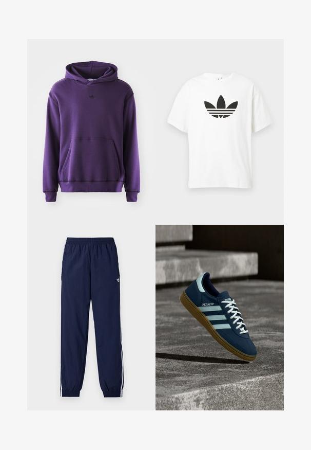 Sudadera púrpura hecha de un tejido suave, con un bolsillo canguro, puños acanalados y un pequeño logo negro en el pecho. Diseño minimalista.; Camiseta de algodón blanca con un gran logo de trébol negro de Adidas y tres franjas horizontales debajo. Manga corta, cuello redondo.; Pantalones de chándal azul marino hechos de tela ligera, con franjas blancas a los lados, cintura elástica y un pequeño logo.; Zapatilla azul Adidas Spezial con rayas y cordones blancos, suela de goma, flotando sobre una superficie de hormigón rugosa y escaleras de fondo.