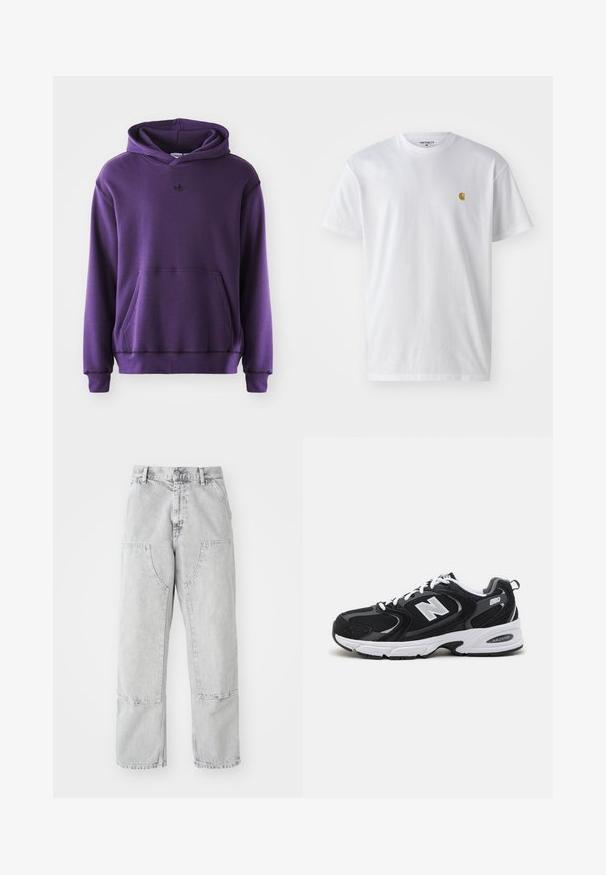 Lilla hættetrøje lavet af blødt stof, med en kengurulomme, ribbede manchetter og et lille sort logo på brystet. Minimalistisk design.; Hvid bomulds t-shirt med korte ærmer, rund hals og et lille guld logo på venstre brystområde. Blød tekstur og almindelig pasform.; Lys grå denim bukser med en løs pasform, der har store sidelommer, synlige sømme og et lige ben design. Bæltestropper i taljen.; Sorte og grå sportssko med mesh og ruskind på overdelen, der har en hvid mellemsål, snørebånd og et iøjnefaldende "N" logo på siden.