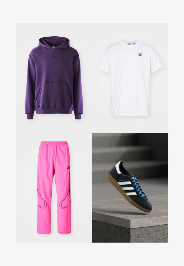 Sudadera púrpura hecha de un tejido suave, con un bolsillo canguro, puños acanalados y un pequeño logo negro en el pecho. Diseño minimalista.; Camiseta blanca de algodón con mangas cortas, escote redondo y un logo negro de Adidas con tres franjas en la zona del lado izquierdo del pecho.; Pantalones deportivos rosas con cinturilla elástica, bolsillos laterales y patrones curvados en negro en contraste con el logotipo de Adidas.; Zapatilla negra Adidas con franjas blancas, cordones azules y suela de goma flotando sobre un escalón de hormigón gris con luz suave.