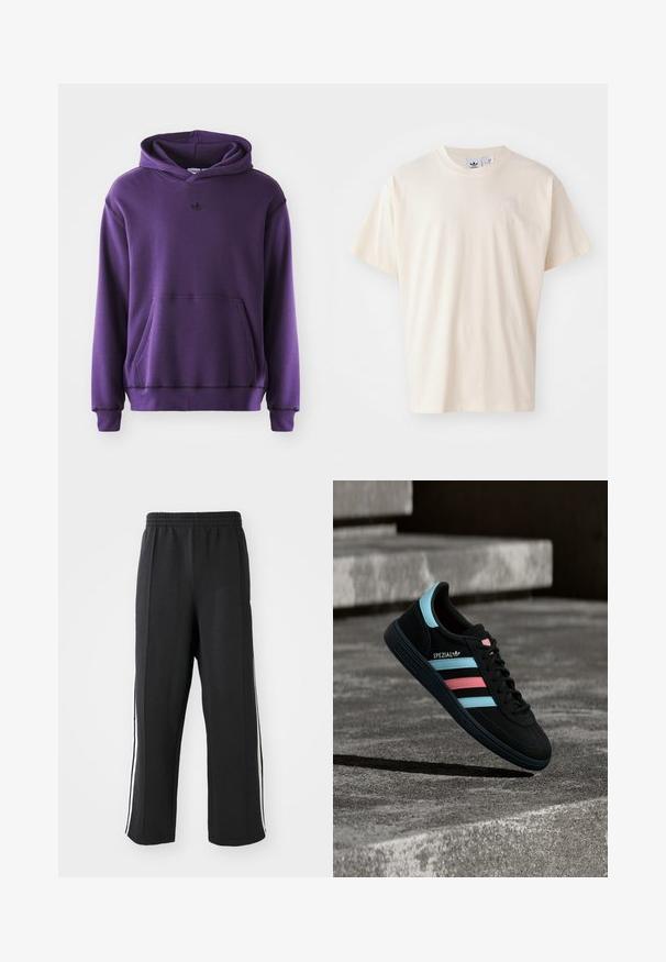 Lila Kapuzenpullover aus weichem Stoff, mit Kängurutasche, gerippten Bündchen und einem kleinen schwarzen Logo auf der Brust. Minimalistisches Design.; Cremfarbene Baumwoll-T-Shirt mit rundem Halsauschnitt und kurzen Ärmeln; verfügt über ein kleines, helles Logo auf der Brust.; Schwarze Jogginghose mit elastischem Bund, ausgestattet mit weißen seitlichen Streifen und einem lässigen Schnitt. Hergestellt aus weichem, dehnbarem Stoff.; Schwarzer Adidas Spezial Sneaker mit blauen und pinken Streifen, der über einer strukturierten grauen Betonoberfläche mit Schatten darunter schwebt.