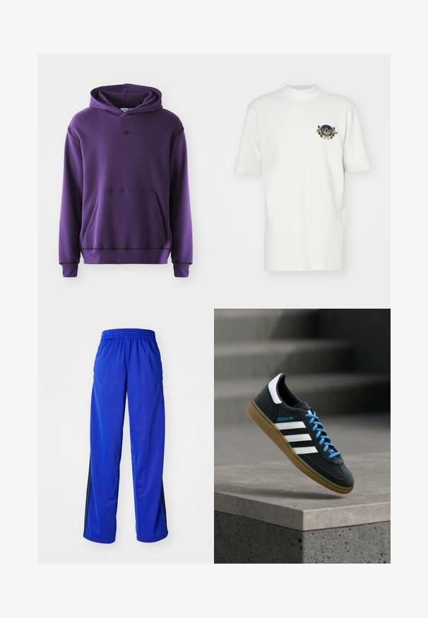 Lilla hættetrøje lavet af blødt stof, med en kengurulomme, ribbede manchetter og et lille sort logo på brystet. Minimalistisk design.; adidas Originals TEE - T-shirts print - cloud white; Blå sportsbukser med elastisk talje, med sidelister i sort, løstsiddende pasform og glat tekstur.; Sort Adidas sneaker med hvide striber, blå snørebånd og gummisål, der svæver over gråt betontrin i blødt lys.
