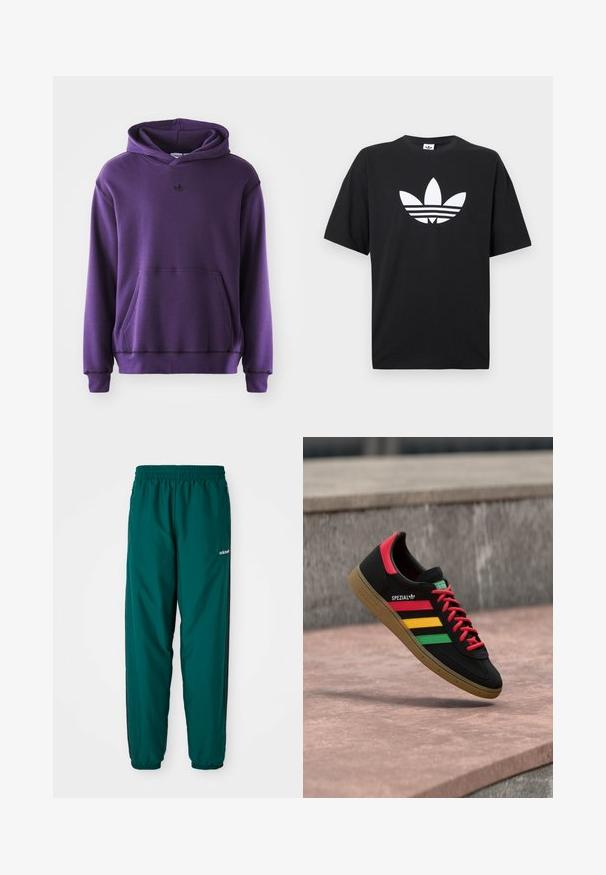 Lilla hættetrøje lavet af blødt stof, med en kengurulomme, ribbede manchetter og et lille sort logo på brystet. Minimalistisk design.; Sort bomulds T-shirt med korte ærmer, der har et stort hvidt Adidas-logo og tre vandrette striber i bunden. Klassisk rund halsdesign.; Grønne atletiske bukser lavet af letvægtsstof, med elastisk talje, sidelommer og sorte sidelister. Adidas-logoet er synligt.; Sort Adidas Spezial-sneaker med røde, gule og grønne striber, røde snørebånd, gummisål og rødt hældetalje, vist svævende over fortovet.