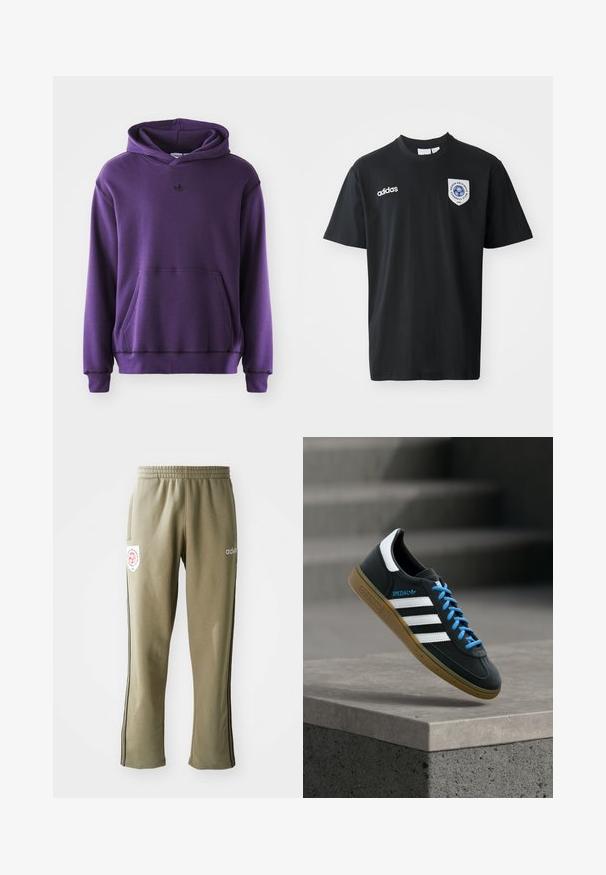 Lilla hættetrøje lavet af blødt stof, med en kengurulomme, ribbede manchetter og et lille sort logo på brystet. Minimalistisk design.; Sort kortærmet t-shirt lavet af bomuld, med rund hals. Indeholder hvidt Adidas-logo og et mærke med et blåt emblem på venstre bryst.; Olivenfarvede sweatpants med elastisk talje, sidelommer, sorte striber på siden og et logo-patch på låret.; Sort Adidas sneaker med hvide striber, blå snørebånd og gummisål, der svæver over gråt betontrin i blødt lys.