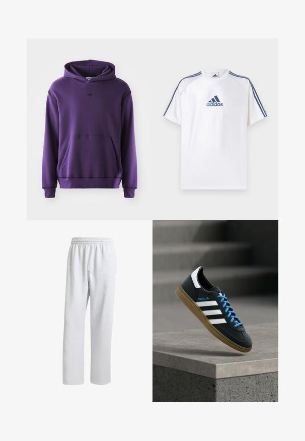 Sudadera púrpura hecha de un tejido suave, con un bolsillo canguro, puños acanalados y un pequeño logo negro en el pecho. Diseño minimalista.; Camiseta blanca de Adidas con detalles en azul, mangas cortas y cuello redondo. Presenta el logo de Adidas en azul en la parte delantera y tres rayas en los hombros.; adidas Originals PREMIUM ESSENTIALS OPEN HEM - Pantalones deportivos - light grey heather; Zapatilla negra Adidas con franjas blancas, cordones azules y suela de goma flotando sobre un escalón de hormigón gris con luz suave.