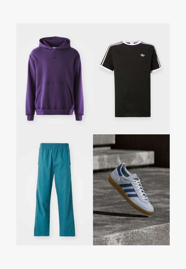 Lilla hættetrøje lavet af blødt stof, med en kengurulomme, ribbede manchetter og et lille sort logo på brystet. Minimalistisk design.; Sort t-shirt lavet af bomuld med hvide accenter. Har korte ærmer, raglan-design og et lille logo på brystet. Tre hvide striber på skuldrene.; Tyrkisfarvede bukser lavet af letvægtsstof, med elastisk talje og lige snit samt sidelommer.; Lyseblå Adidas Spezial sneakers med marineblå striber og gummisål, vist i luften over betontrapper i et neutralt udendørsmiljø.