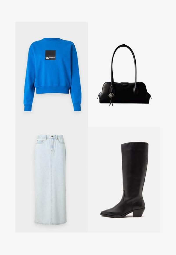 Beskarret blå sweatshirt lavet af blødt stof, med et sort firkantet logo med hvid tekst, ribbede ærmer og halsudskæring.; Lyseblå denim maxi-nederdel med lige design, frontknaplukning og synlige syninger. Har to frontlommer.; Sort læderstøvle til midtkalv med spids tå og lavt skråt hæl på en enkel lys baggrund.; Sort lædertaske fra Calvin Klein med lange håndtag, en forside-logo-tag og en sølv geometrisk vedhæng, der hænger fra det ene håndtag.