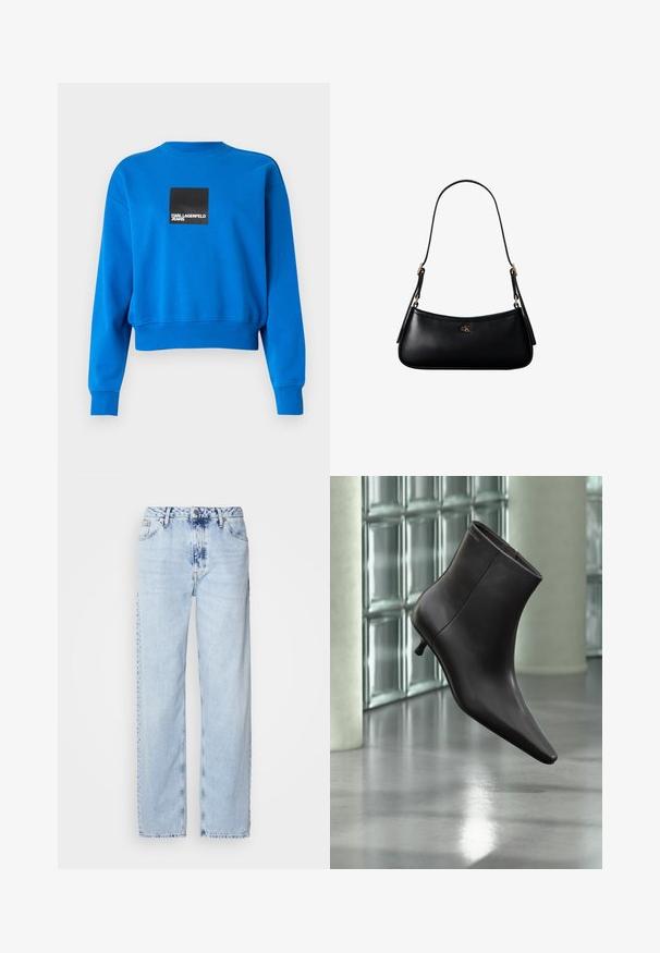 Sweatshirt bleu raccourci en tissu doux, avec un logo carré noir et un texte blanc, des poignets et un col côtelés.; Jeans large bleus clairs en denim, avec une taille haute, un lavage décoloré et un motif tie-dye subtil à l'avant.; Bottine en cuir noir avec bout pointu et petit talon, présentée devant un mur en blocs de verre et un sol poli.; Mini sac à bandoulière en cuir noir avec une fine bandoulière et un petit logo CK doré au centre avant.