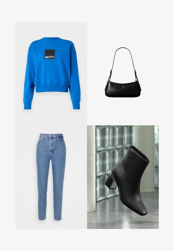 Sudadera azul recortada hecha de tejido suave, con un logo cuadrado negro y texto blanco, y puños y escote de canalé.; Jeans de tiro alto rectos de color azul con botón frontal y cremallera, trabillas para cinturón y bolsillos, exhibidos sobre un fondo blanco liso.; Botín de cuero negro con tacón cuadrado, logo DKNY cerca de la parte superior, exhibido frente a una pared de bloques de vidrio y suelo de hormigón pulido.; Mini bolso negro de cuero para hombro con correa delgada y pequeño logo dorado CK en el centro frontal.