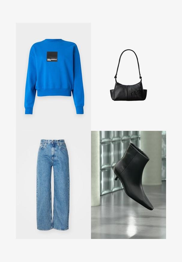 Sweatshirt bleu raccourci en tissu doux, avec un logo carré noir et un texte blanc, des poignets et un col côtelés.; Jean large en denim bleu clair avec taille haute, ourlet effiloché et design à cinq poches. La texture usée ajoute de la profondeur au tissu.; Bottine en cuir noir à bout pointu et petit talon kitten, présentée en angle devant un sol poli et un mur en blocs de verre.; Sac à bandoulière en cuir noir avec une longue sangle, des poches latérales et le logo Calvin Klein embossé sur le devant.