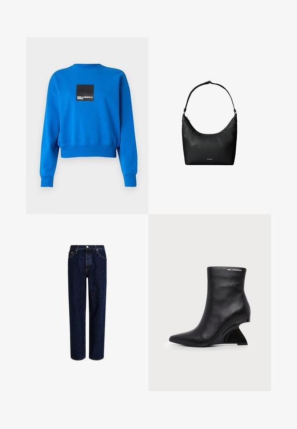 Gekürzter blauer Sweatshirt aus weichem Stoff, mit einem schwarzen Quadrat-Logo und weißen Text, gerippten Bündchen und Halsausschnitt.; Dunkelblaue Denim-Jeans mit geradem Bein, hoher Taille, fünf Taschen und kontrastierenden Nähten. Ohne Verzierungen.; Schwarzer Leder-Knöchelstiefel mit geschwungenem skulptiertem Absatz und Karl Lagerfeld-Logo nahe dem oberen Rand auf weißem Hintergrund.; Schwarze, strukturierte Lederschultertasche mit einem einzelnen Riemen und einem kleinen Calvin Klein-Logo vorne in der Mitte.