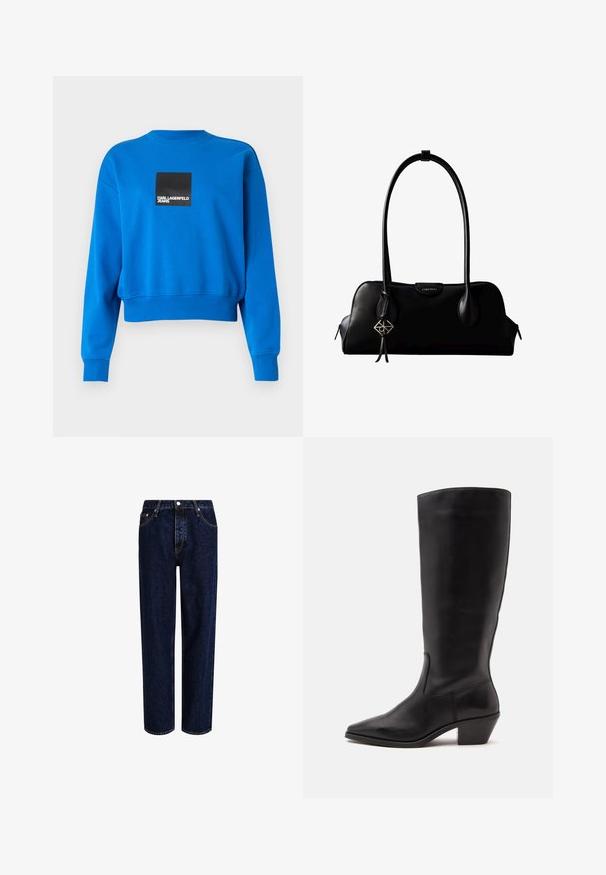 Sudadera azul recortada hecha de tejido suave, con un logo cuadrado negro y texto blanco, y puños y escote de canalé.; Jeans de mezclilla azul oscuro con un diseño de pierna recta, que presentan una cintura alta, estilo de cinco bolsillos y costuras en contraste. Sin adornos.; Bota de cuero negra hasta la mitad de la pantorrilla con puntera puntiaguda y tacón bajo inclinado sobre un fondo claro y liso.; Bolso de cuero negro Calvin Klein con correa larga para el hombro, laterales con cremallera y un colgante decorativo colgando de una correa.