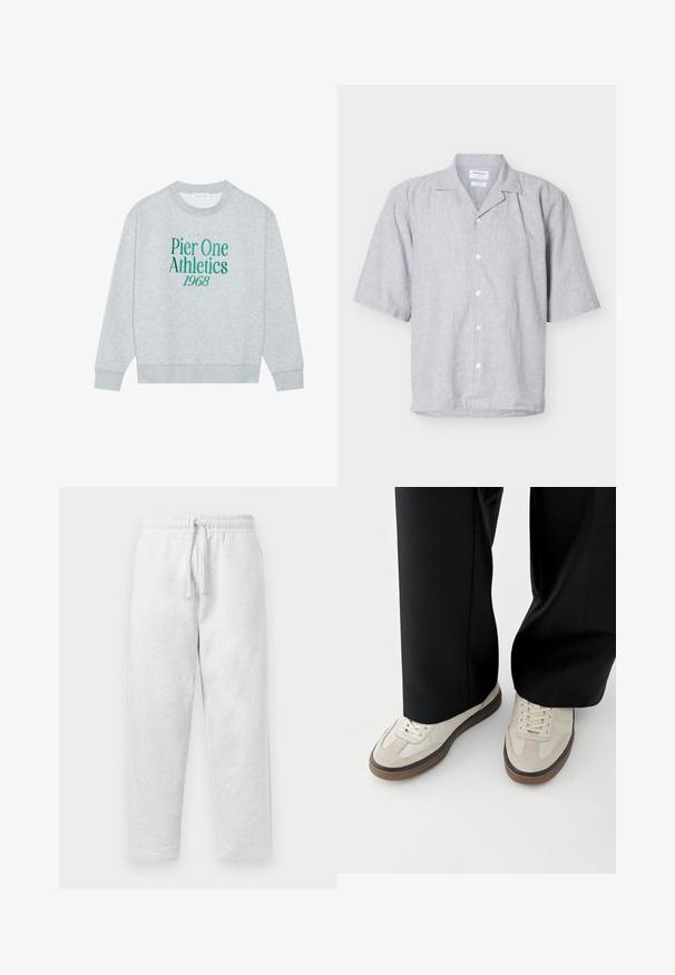 Grå sweatshirt med rund hals, prydet med grøn broderet tekst: "Pier One Athletics 1968" på forsiden. Lange ærmer, ribbede manchetter.; Lysegrå kortærmet linnedskjorte med fem hvide knapper og en klassisk krave, vist på en ensartet lys baggrund.; Lys grå sweatpants lavet af blødt materiale, med en elastisk talje med snøre og en afslappet pasform.; Fødder iført beige sneakers med brune såler og sorte bukser med vide ben på hvid baggrund.