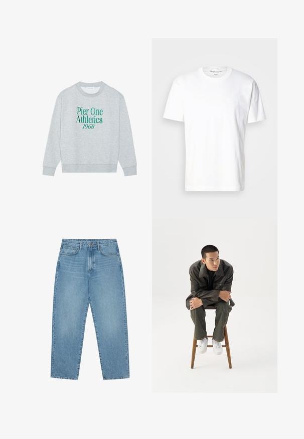 Grauer sweatshirt mit Rundhalsausschnitt, mit grünem gesticktem Text: "Pier One Athletics 1968" auf der Vorderseite. Langärmlig, mit gerippten Bündchen.; Weißes Baumwoll-T-Shirt mit Rundhalsausschnitt und kurzen Ärmeln. Verfügt über ein dezentes Logo-Detail auf der Vorderseite. Weiche Textur, lässige Passform.; Hellblaue Jeans aus Denim mit geradem Bein, Fünf-Taschen-Design und leicht verwaschener Textur. Mit Knopf- und Reißverschluss ausgestattet.; Junger Mann in dunkler Lederjacke und Jeans sitzt auf einem Holzstuhl, lehnt sich mit verschränkten Armen nach vorne und schaut seitlich vor weißem Hintergrund.