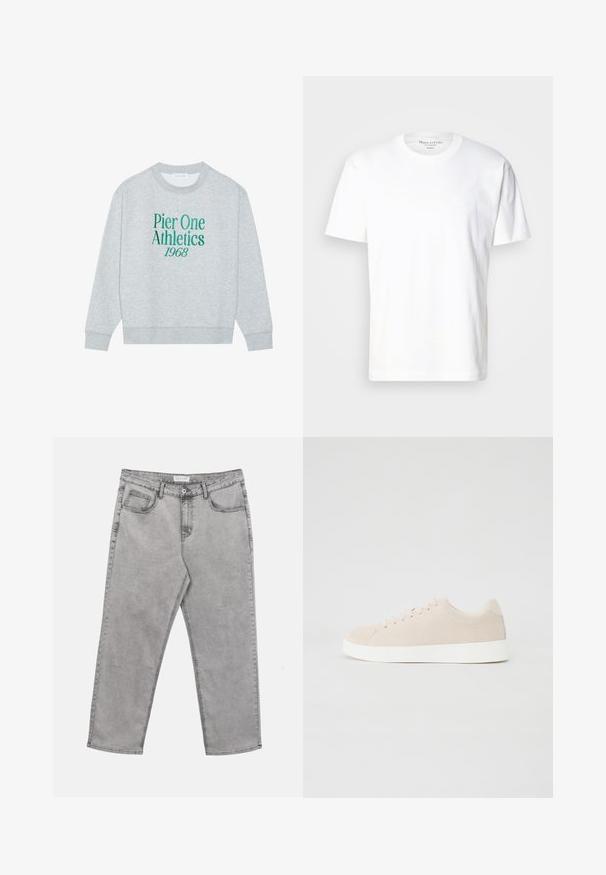 Sweat-shirt gris avec col rond, doté d'un texte brodé vert : "Pier One Athletics 1968" sur le devant. Manches longues, poignets côtelés.; T-shirt en coton blanc avec un col rond et des manches courtes. Présente un détail de logo subtil sur le devant. Texture lisse, coupe décontractée.; Jean en denim gris clair avec bouton et fermeture éclair à l'avant, passants pour ceinture et cinq poches, posé à plat sur un fond blanc.; Baskets en daim beige avec semelles en caoutchouc blanc, bout rond et six œillets pour les lacets. Texture lisse avec un design minimaliste.