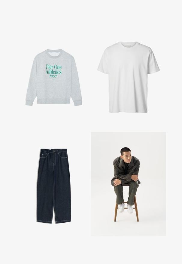 Grijze sweatshirt met ronde hals, featuring groene geborduurde tekst: "Pier One Athletics 1968" aan de voorkant. Lange mouwen, geribbelde manchetten.; Eenvoudig wit T-shirt met korte mouwen en ronde hals, losse pasvorm en zonder zichtbare logo's of ontwerpen aan de voorkant.; Donkerblauwe denim wijde jeans met een middelhoge taille. Heeft contrasterende stiksels, vijf zakken en een knoopsluiting aan de voorkant.; Jonge man in een donkere leren jas en spijkerbroek zit op een houten kruk, leunt naar voren met gekruiste armen en kijkt naar de zijkant tegen een witte achtergrond.