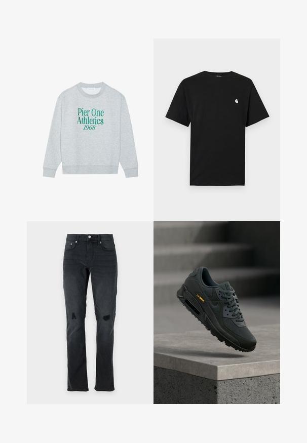 Grå sweatshirt med rund hals, prydet med grøn broderet tekst: "Pier One Athletics 1968" på forsiden. Lange ærmer, ribbede manchetter.; Sort T-shirt med korte ærmer og rund hals med lille hvidt og sort logo på venstre bryst mod en enkel lys baggrund.; Sorte denimjeans med slim fit, diskrete slidmærker, to knærevner og traditionel fem-lomme stil med knaplukning.; Sort og mørkegrå Nike Air Max sneaker med mesh og læderdetaljer, gul "Air Max" tekst, svævende over en stenkant.