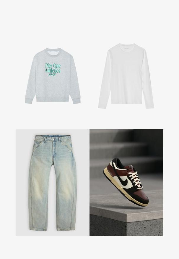 Grauer sweatshirt mit Rundhalsausschnitt, mit grünem gesticktem Text: "Pier One Athletics 1968" auf der Vorderseite. Langärmlig, mit gerippten Bündchen.; Langärmeliges weißes T-Shirt aus weicher Baumwolle, mit rundem Ausschnitt und glatter Textur ohne sichtbare Muster oder Akzente.; Hellblaue Jeans mit weitem Bein aus Denim. Sie verfügen über fünf Taschen, einen Knopfverschluss und ausgewaschene Bereiche für einen getragenen Look.; Low-Top Nike Sneaker in Schwarz, Braun, Weiß und Creme, schwebend über einer Betonbrüstung mit Treppen im unscharfen Hintergrund.