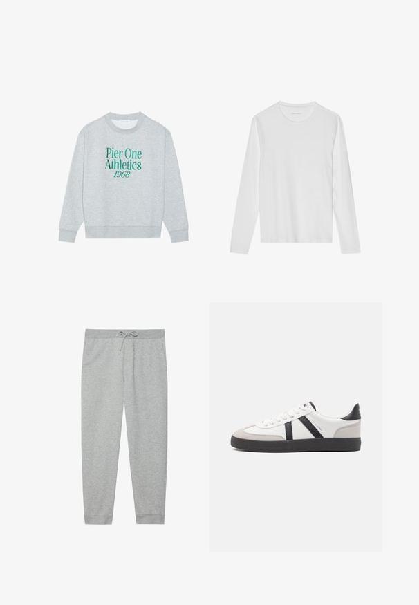 Grå sweatshirt med rund hals, prydet med grøn broderet tekst: "Pier One Athletics 1968" på forsiden. Lange ærmer, ribbede manchetter.; Langærmet hvid T-shirt lavet af blød bomuld, med rund halsudskæring og en glat tekstur uden synlige mønstre eller accenter.; Grå sweatpants lavet af blødt bomuldsblanding, med en elastisk talje og snor, side-lommer og tapered manchetter.; Hvide sneakers med sorte og grå detaljer, med en tekstureret grå tåhætte, sort gummisål og flade hvide snørebånd. Rent design, minimalistisk stil.