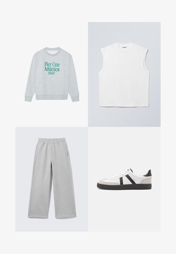 Grå sweatshirt med rund hals, prydet med grøn broderet tekst: "Pier One Athletics 1968" på forsiden. Lange ærmer, ribbede manchetter.; Hvid ærmeløs bomulds top med rund hals og markerede skulderpartier, mærket "WEEKDAY" på halsmærket, vist på lys grå baggrund.; Lysegrå sweatpants med vide ben, elastisk linning og sidelommer vist på en ensfarvet baggrund.; Hvide sneakers med sorte og grå detaljer, med en tekstureret grå tåhætte, sort gummisål og flade hvide snørebånd. Rent design, minimalistisk stil.