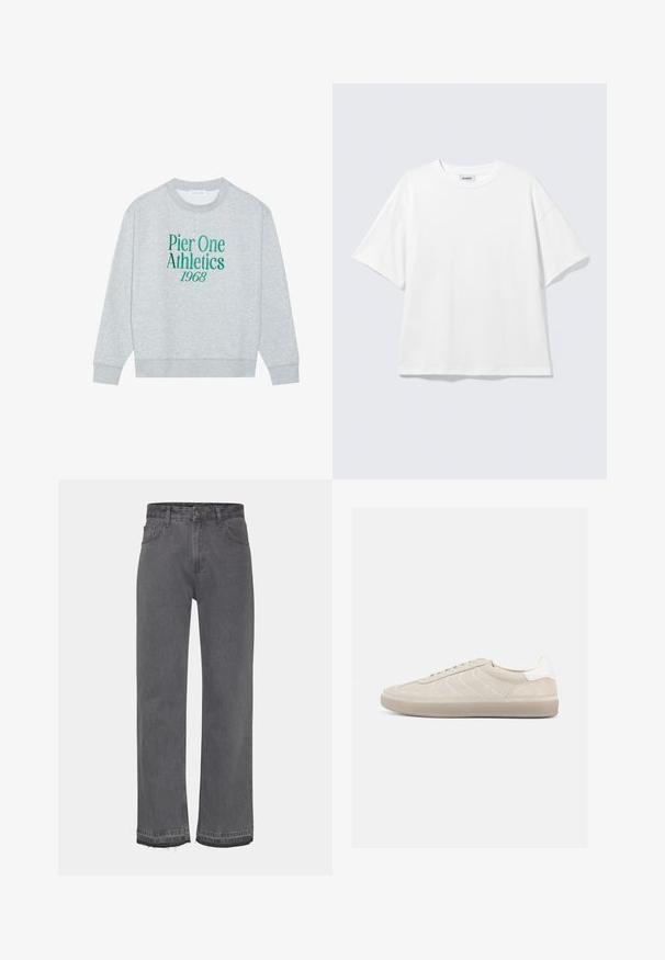 Grauer sweatshirt mit Rundhalsausschnitt, mit grünem gesticktem Text: "Pier One Athletics 1968" auf der Vorderseite. Langärmlig, mit gerippten Bündchen.; Weißes oversized T-Shirt mit kurzen Ärmeln und Rundhalsausschnitt mit eingesetzten Schultern, flach auf hellgrauem Hintergrund.; Graue weite Jeans aus Denim mit einem ausgewaschenen Finish, einem Knopfverschluss und fransigen Säumen. Zwei seitliche Taschen sind sichtbar.; Beiger Wildleder-Sneaker mit strukturiertem Obermaterial, glattem weißen Fersenbereich, dünnen Schnürsenkeln und Gummisohle. Verfügt über ein flaches Design.
