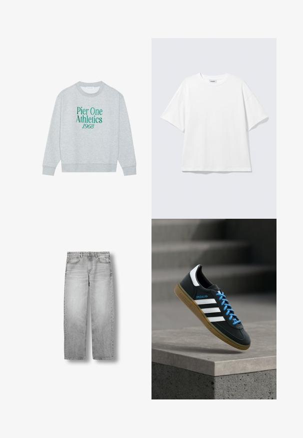 Sweat-shirt gris avec col rond, doté d'un texte brodé vert : "Pier One Athletics 1968" sur le devant. Manches longues, poignets côtelés.; T-shirt blanc oversize à manches courtes, col rond, épaules tombantes, posé à plat sur fond gris clair.; Jean droit gris clair avec poches avant, passants pour ceinture et fermeture par bouton, présenté à plat sur fond blanc.; Baskets Adidas noires avec des rayures blanches, des lacets bleus et une semelle en gomme flottant au-dessus d'une marche en béton grise sous une lumière douce.