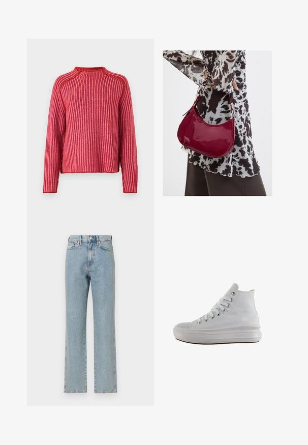 Pull rouge avec des rayures verticales, texture côtelée, col rond et manches longues. L'ourlet est légèrement court avec des bords ton sur ton.; Jeans en denim bleu clair avec une coupe droite, cinq poches, une fermeture à bouton et une texture subtile. Pas de déchirures ni de motifs visibles.; Baskets montantes en toile blanche avec lacets blancs, œillets métalliques, semelle épaisse en caoutchouc et bout texturé, orientées vers la gauche sur fond blanc.; Femme portant un chemisier à motif noir et blanc tenant un sac à main rouge brillant sur un fond uni.