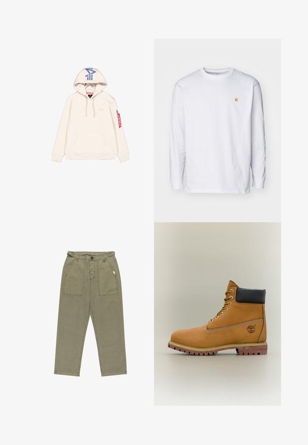 Crème hoodie gemaakt van zachte stof, met een voorvak, trekkoordcapuchon, blauw logo op de capuchon en een rode zijkraag voor detail.; Witte lange mouwen t-shirt van katoen. Voorzien van een klein gouden logo op de borst en een ronde hals. Eenvoudig ontwerp en standaard pasvorm.; Khaki katoenen broek met rechte pijpen, voorzien van twee grote voorzakken en een enkele zijzak, afgewerkt met een knoopsluiting.; Bruine leren enkellaars met zwarte kraag, gele veters en een zandkleurige zool. Voorzien van een logo en witte stikseldetails. Robuuste loopzool met grip.