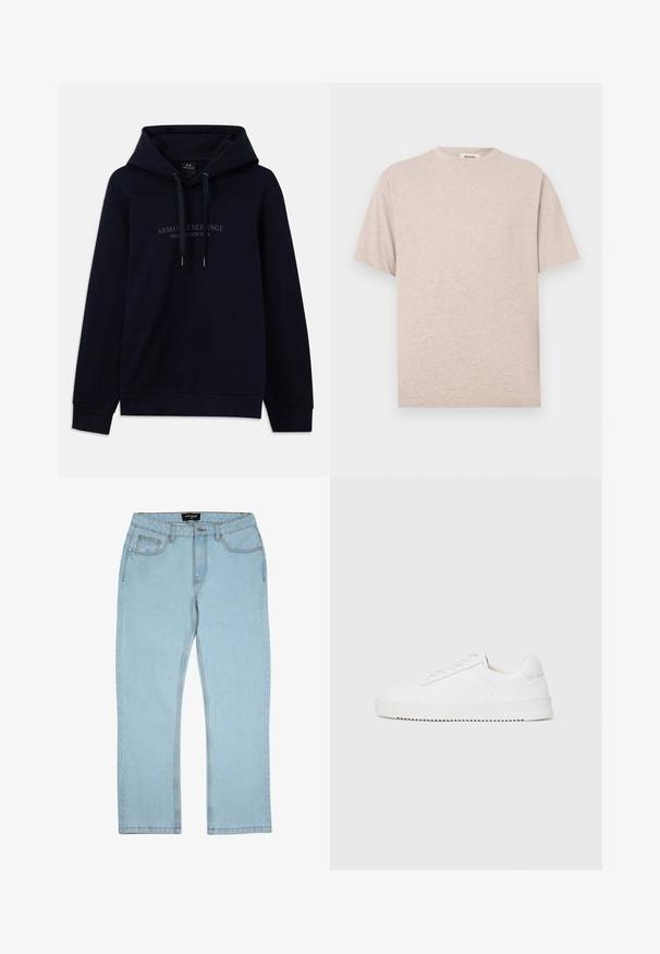 Tummansininen huppari, jossa on narut ja "Armani Exchange Milano / New York" painettuna rintaan, varustettuna ribbausteksteillä hihoissa ja helmassa.; Lyhythihainen beige t-paita, valmistettu pehmeästä kankaasta. Siinä on pyöreä pääntie, rento istuvuus ja minimaaliset ompelut helman ja hihojen kohdalla.; Vaaleansiniset farkut denimiä, joissa on suora lahkeen malli, tavalliset taskut ja näkyvät ompelusaumat. Ei koristuksia.; Valkoiset tennarit, joissa on sileä nahkapäällinen, pyöreä varvas, nauhat, teksturoidut sivuakkentit ja paksu kumipohja. Minimalistinen muotoilu.