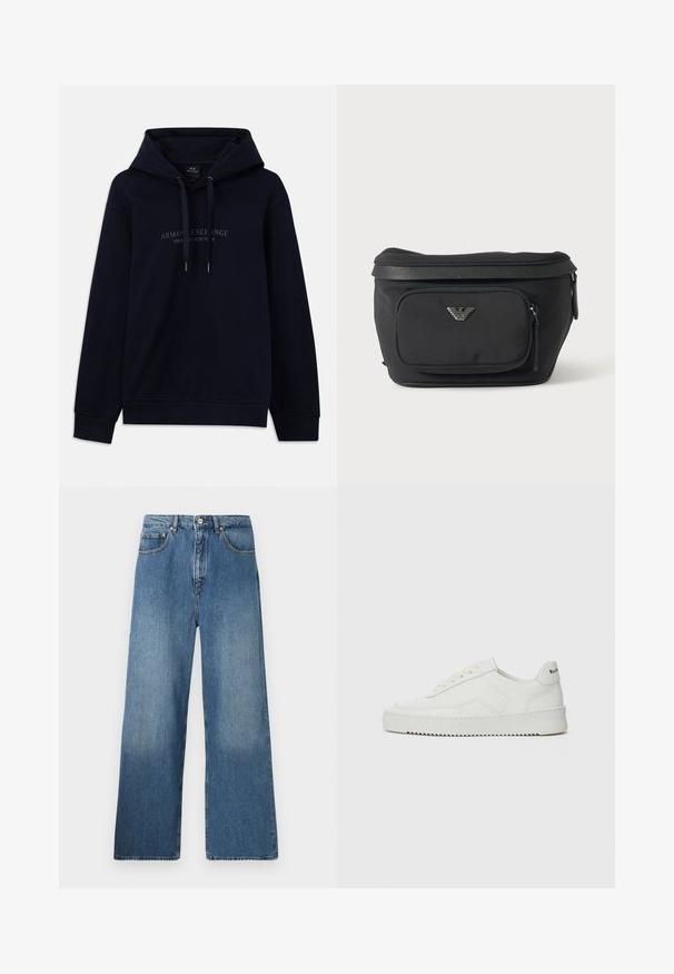 Tumedat sinine kapuutsiga särk, millel on peenikesed paelad ja rinnal on trükitud "Armani Exchange Milano / New York" ning ribikud varrukaotstes ja allääres.; Laiad sinised denimpüksid, millel on klassikaline viie tasku disain, esine nööbiga sulgemine ja kerge fade efekt tekstuuri jaoks.; Valge nahast tennis, millel on sile põhi, ümar varvas, lamedad nöörid ja tekstuuriline tall. Sisaldab diskreetset logo kontsaribal.; Must vöökott esiluku tasku ja hõbedase kotka logoga, siledast kangast tekstuurse äärega ja tõmblukuga.