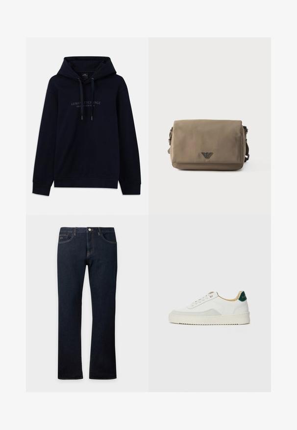Marineblå hoodie med snoretræk og "Armani Exchange Milano / New York" trykt på brystet, med ribbede manchetter og kant.; Mørkeblå denimjeans med lige ben, for- og baglommer, synlige syninger og knaplukning i taljen.; Hvide sneakers med ruskindsdetaljer, rund tå, flade snørebånd og en cremet gummisål. Har grøn branding på hælen.; Rektangulær taupe crossbody-taske med klaplukning og lille metal logoemblem centreret på forsiden mod en hvid baggrund.