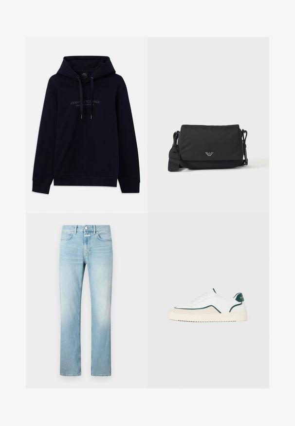 Marineblå hoodie med snoretræk og "Armani Exchange Milano / New York" trykt på brystet, med ribbede manchetter og kant.; Lysblå denimjeans med lige ben, der har et klassisk femlomme-design og en knappelukning.; Hvide lavtop sneakers med grønne detaljer, beige ruskind og en cremefarvet sål med en rilllet bund.; Sort crossbody taske med justerbar rem og lille sølv logoemblem på frontklap, vist på ensartet lyst baggrund.