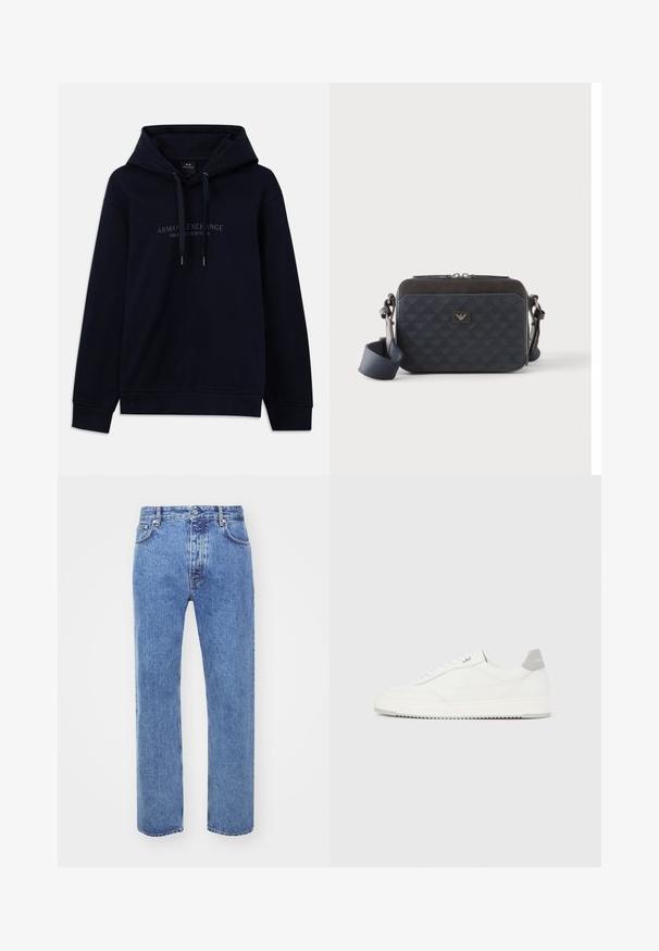 Marineblå hoodie med snoretræk og "Armani Exchange Milano / New York" trykt på brystet, med ribbede manchetter og kant.; Won Hundred STEVE - Jeans Relaxed Fit - cut blue; Hvid lavtop-sneaker med gråt hælflig, hvide snørebånd og tekstureret sål, vist på en ensfarvet lys baggrund.; Rektangulær mørkeblå crossbody-taske med justerbar rem, lynlåslukning og diskret logomønster på frontpanelet.