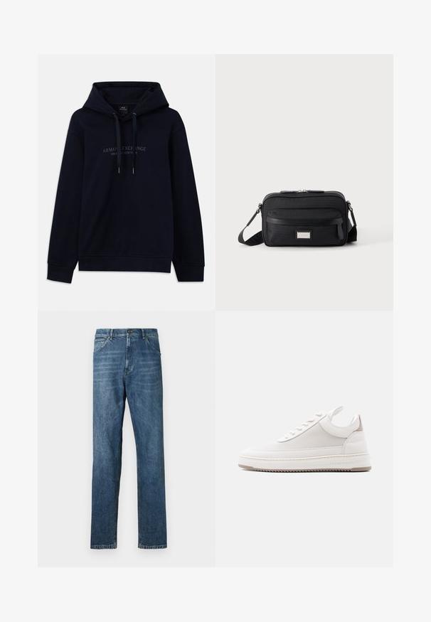 Navyblauwe hoodie met trekkoorden en "Armani Exchange Milano / New York" gedrukt op de borst, met ribgebreide boorden en onderkant.; Donkerblauwe denim jeans, recht model, vijf-pocket stijl, zichtbare stiksels, en een klassieke knoopsluiting. Lichte wassingseffect op de stof.; Witte lage sneaker met een gestructureerd zijpaneel, gewatteerde kraag, vetersluiting aan de voorkant en "Filling Pieces"-branding aan de zoolrand.; Zwarte rechthoekige crossbodytas met voorvak met ritssluiting, verstelbare schouderband en zilveren rechthoekige logo-plaat op effen achtergrond.