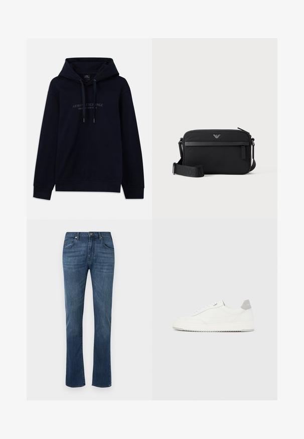 Navyblauwe hoodie met trekkoorden en "Armani Exchange Milano / New York" gedrukt op de borst, met ribgebreide boorden en onderkant.; Blauwe denim jeans met rechte pijpen, riemlussen, knoopsluiting aan de voorkant, ritsvlieg en klassiek ontwerp met vijf zakken.; Witte lage sneaker met grijze hielpatch, witte veters en een gestructureerde zool, gepresenteerd op een effen lichte achtergrond.; Zwarte rechthoekige crossbodytas met voorvak met rits, verstelbare schouderriem en klein metalen logo bovenaan in het midden.