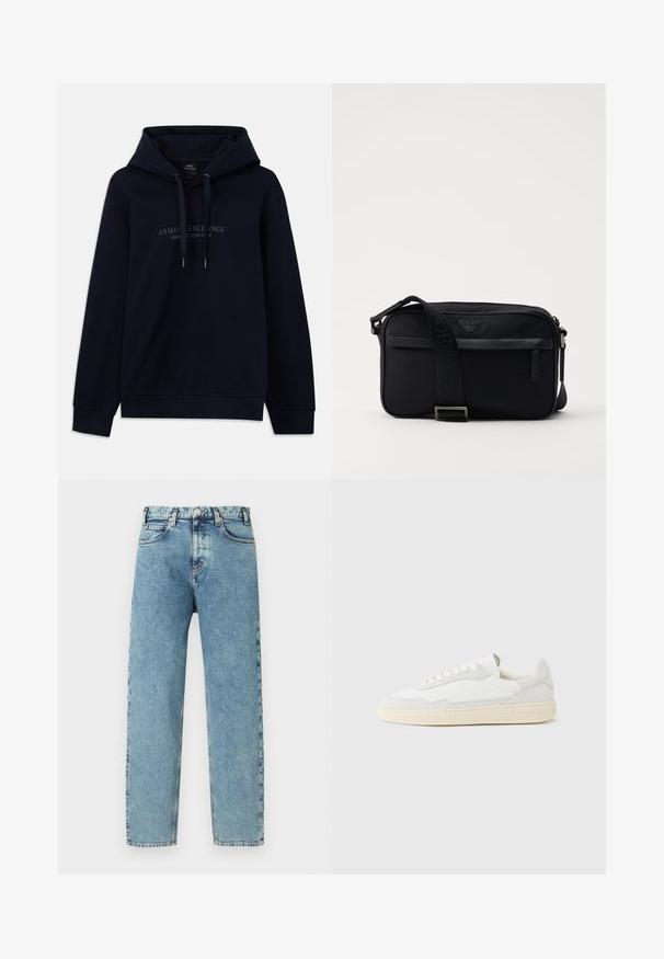 Navyblauwe hoodie met trekkoorden en "Armani Exchange Milano / New York" gedrukt op de borst, met ribgebreide boorden en onderkant.; Lichtblauwe spijkerbroek met een rechte pijp, vijf zakken en een messing knoopsluiting. De stof heeft een licht gestructureerde, vervaagde uitstraling.; Witte sneaker met een bovenwerk van gestructureerd suède en leer. Voorzien van een afgeronde neus, vetersluiting en een contrasterende beige rubberen zool.; Zwarte nylon schoudertas met een contrasterende schouderband, een slank rechthoekig ontwerp, een logo-detail en een ritszak aan de voorkant.